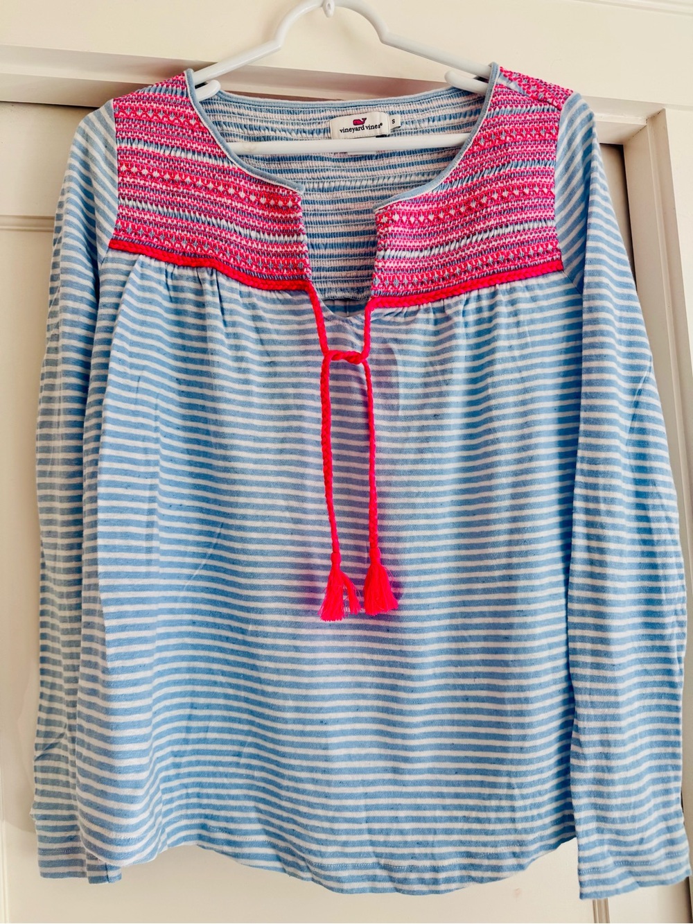 vineyard vines Blue Stripe Long-Sleeve Top with Pink Embroidered Yoke
